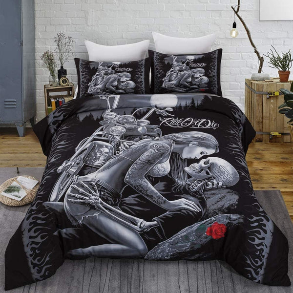 Skull Duvet Cover Ride or Die, 3 Pieces(1 Duvet Cover +2 Pillowcases)