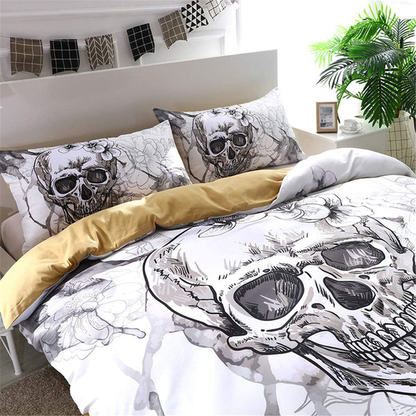 Modern Flower Skull Gray and Black Duvet Cover Set