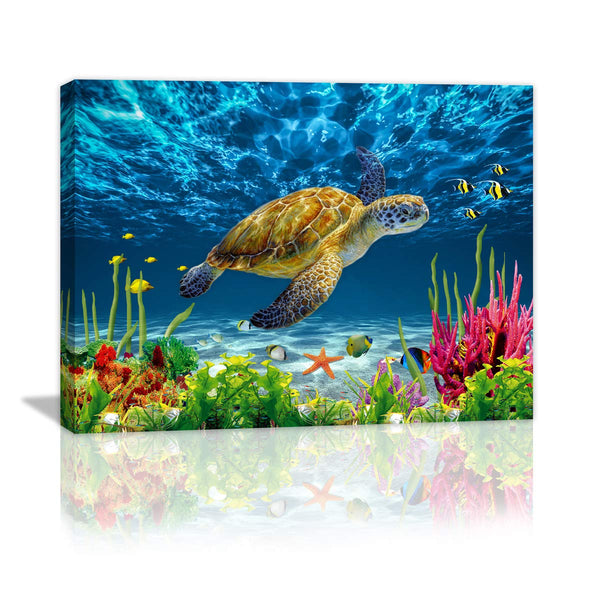 Bottom Sea View Sea Turtle Wall Decor Framed Canvas Print - Size:12"x16"inch