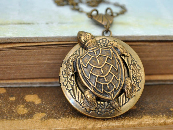 Handmade Antiqued Brass Sea Turtle Floral Locket Necklace