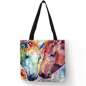 Watercolor Horse Print Linen Hand Bag