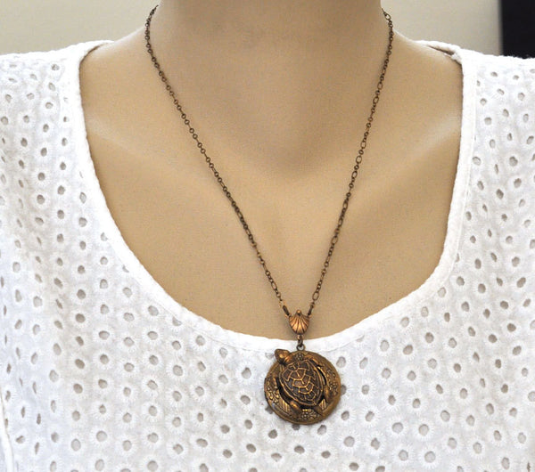 Handmade Antiqued Brass Sea Turtle Floral Locket Necklace
