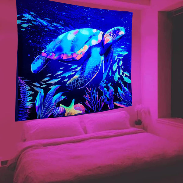 Blacklight Sea Turtle Tapestry UV Reactive Decor 37x28 Inch
