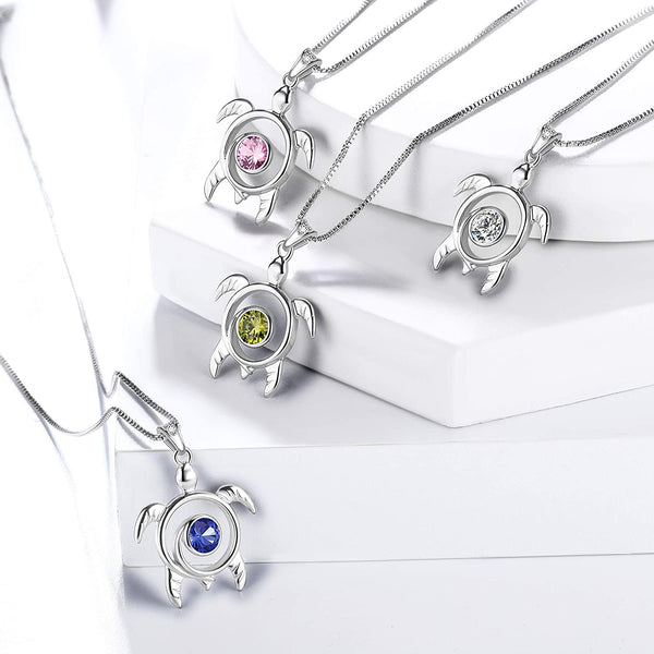 Spiral 925 Sterling Silver Sea Turtle Birthstone Necklace