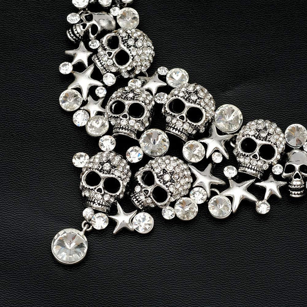 Vintage Skull Crystal Statement Necklace Earrings Set