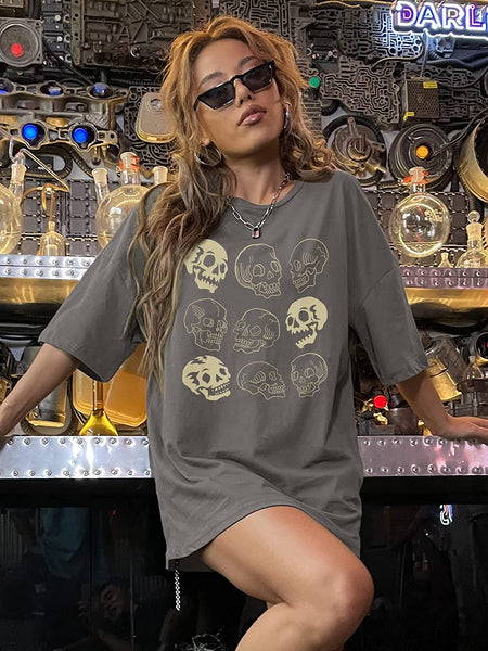 Women Skull Print Round Neck Half Sleeve Graphic Shirt