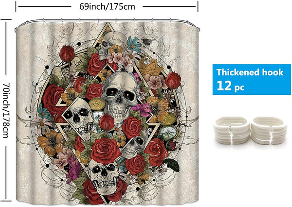 Skull Roses and Skeleton Shower Curtain with 12 Hooks