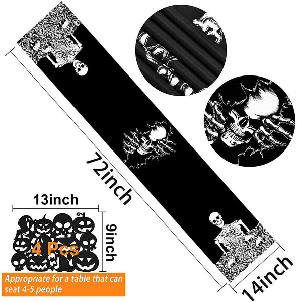 Skeleton Skull Table Runner with 4 Black Skull Placemats Set