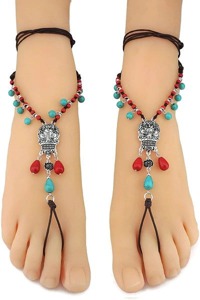 Silver Sugar Skull Turquoise Bead Barefoot Sandals Anklet Pair