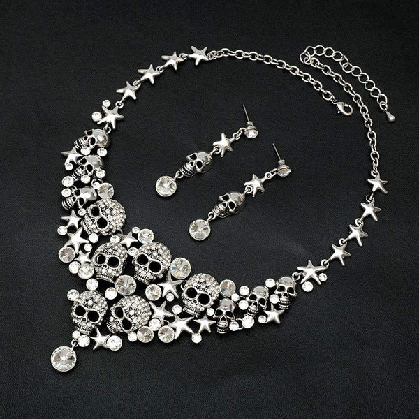 Vintage Skull Crystal Statement Necklace Earrings Set