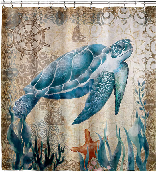 Sea Turtle Ocean Shower Curtain Set with 12 Hooks, 72" x 72"