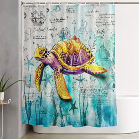Nautical Map Sea Turtle Bath Curtain with 12 Hooks