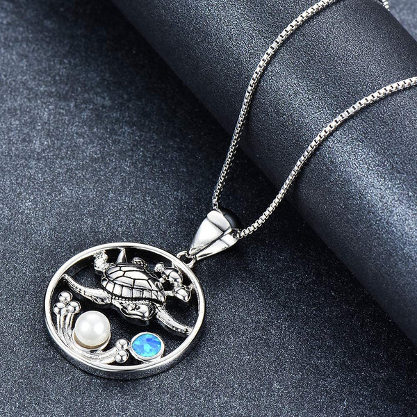 Women's 925 Silver Blue Sea Turtle Pendant Necklace