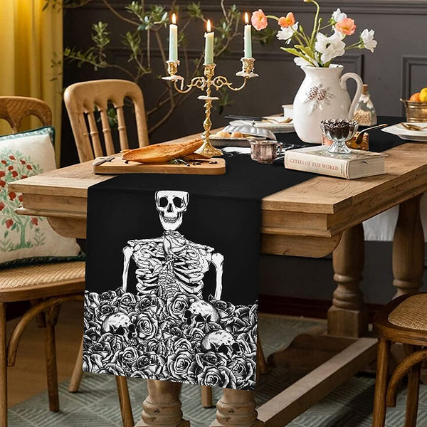 Skeleton Skull Table Runner with 4 Black Skull Placemats Set