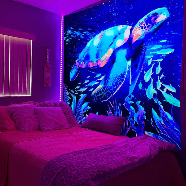 Blacklight Sea Turtle Tapestry UV Reactive Decor 37x28 Inch