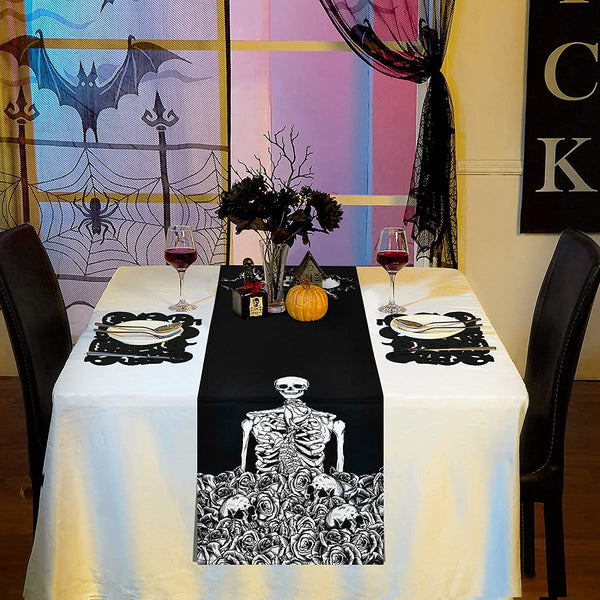 Skeleton Skull Table Runner with 4 Black Skull Placemats Set