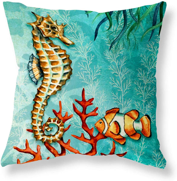Set of 2 Decorative Sea Turtle Sea Horse Throw Pillow Covers 18x18 Inch
