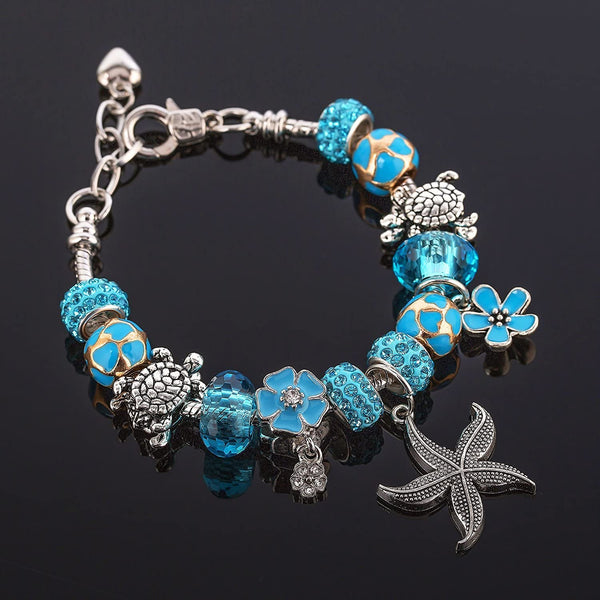 Fashion Crystal&Glass Sea Turtle Charm Bracelet