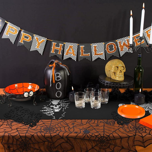 Skeleton Skull Table Runner with 4 Black Skull Placemats Set