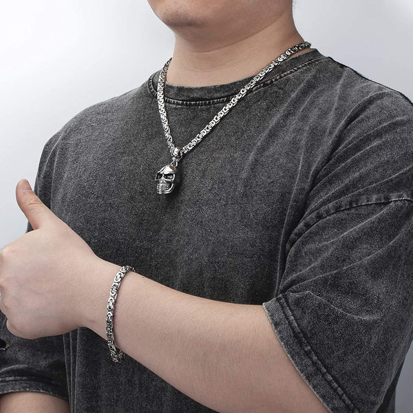 Men Stainless Skull Pendant Necklace Bracelet Set