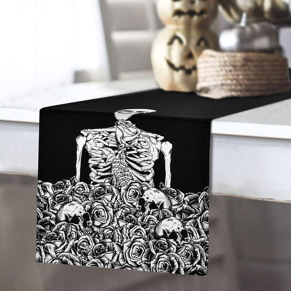 Skeleton Skull Table Runner with 4 Black Skull Placemats Set