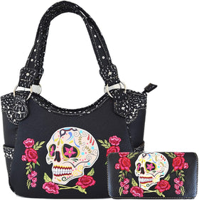Sugar Skull Rose Heart Flower Day of the Dead Bag Wallet Set