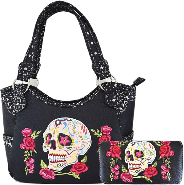 Sugar Skull Rose Heart Flower Day of the Dead Bag Wallet Set