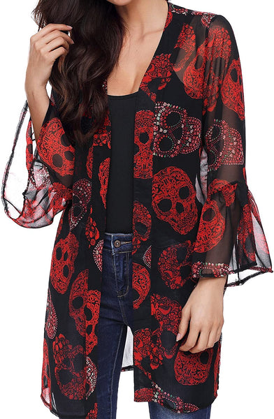 Women Skull Print Sheer Loose Kimono Cardigan Tops Blouse Cover up