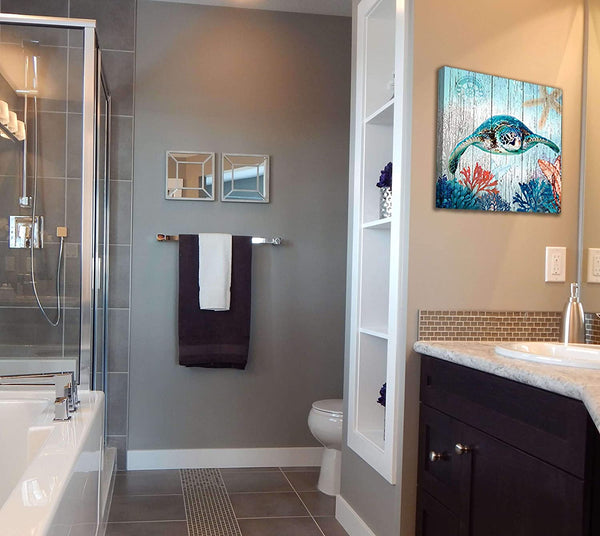 Sea Turtle Canvas Wall Art Ocean Beach Coast Theme Size 14x14 Framed