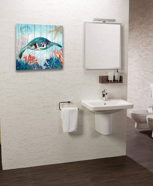 Sea Turtle Canvas Wall Art Ocean Beach Coast Theme Size 14x14 Framed