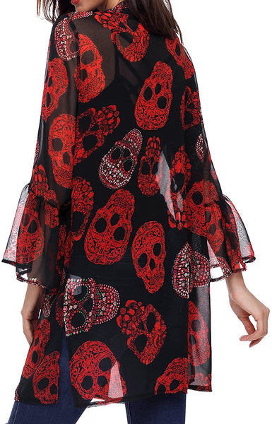 Women Skull Print Sheer Loose Kimono Cardigan Tops Blouse Cover up