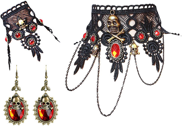 Gothic Skull Lolita Choker Necklace Earrings Set
