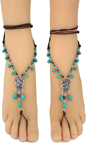 Silver Sugar Skull Turquoise Bead Barefoot Sandals Anklet Pair