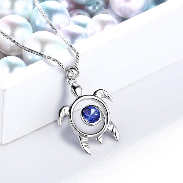 Spiral 925 Sterling Silver Sea Turtle Birthstone Necklace