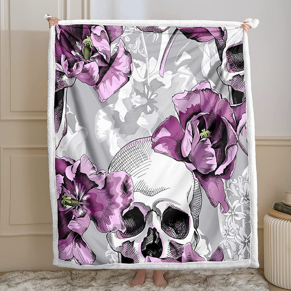 Skull Tulips Flower Sherpa Fleece Throw Blanket (50"x60")
