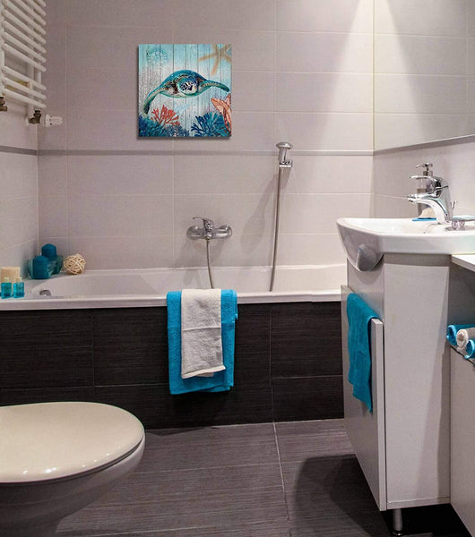 Sea Turtle Canvas Wall Art Ocean Beach Coast Theme Size 14x14 Framed