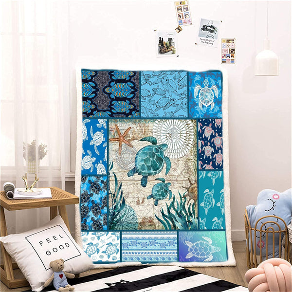 Sea Turtle Blanket Abstract Tortoise Sherpa Throw Blanket (51X59IN)