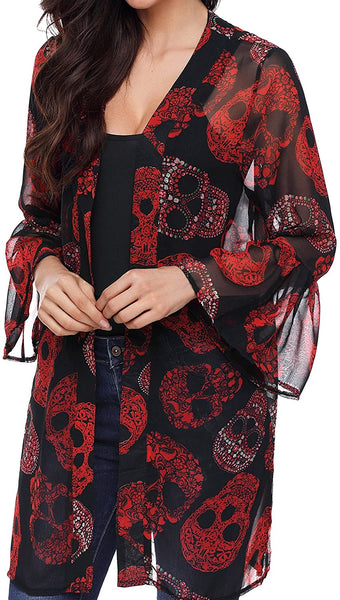 Women Skull Print Sheer Loose Kimono Cardigan Tops Blouse Cover up