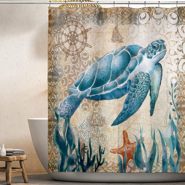 Sea Turtle Ocean Shower Curtain Set with 12 Hooks, 72" x 72"