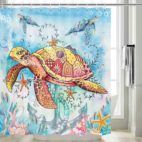 Watercolor Sea Turtle Shower Curtain with 12 Hooks, 70x70in