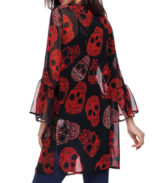 Women's Skull Print Sheer Loose Kimono Cardigan Top Blouse Cover up
