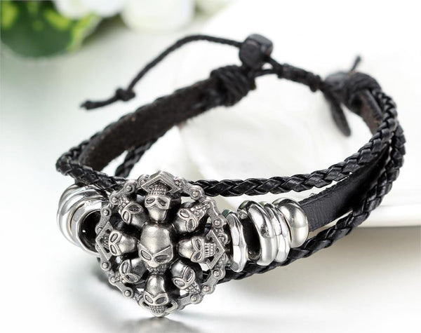Skull Skeleton Wristband Cuff Leather Bracelet