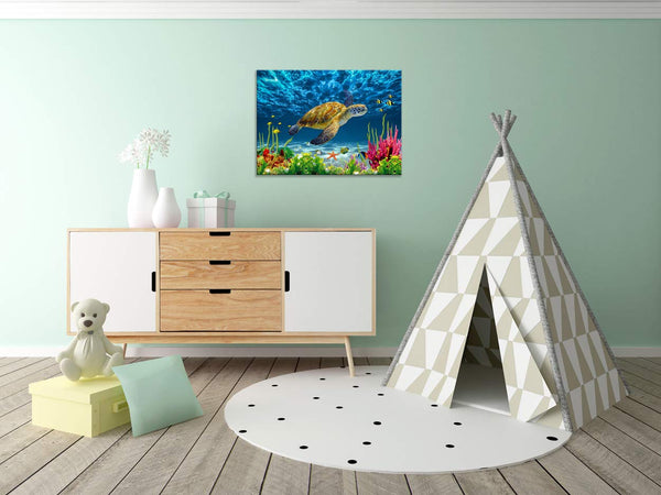 Bottom Sea View Sea Turtle Wall Decor Framed Canvas Print - Size:12"x16"inch
