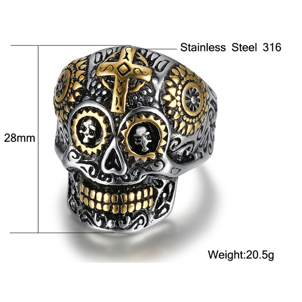 Stainless Steel Cross Skull Biker Ring