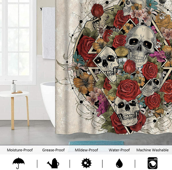 Skull Roses and Skeleton Shower Curtain with 12 Hooks