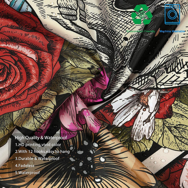 Skull Roses and Skeleton Shower Curtain with 12 Hooks