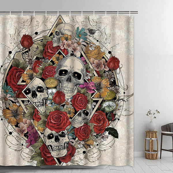 Skull Roses and Skeleton Shower Curtain with 12 Hooks