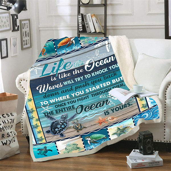 Sea Turtle Blanket Microfiber Plush Sherpa Blanket, 51 x 59