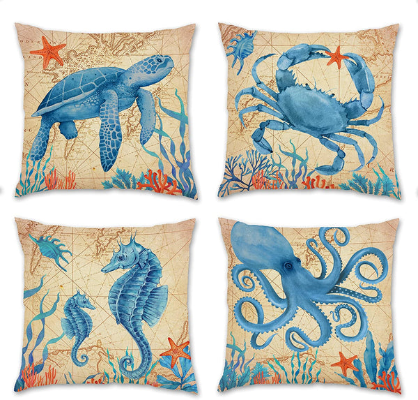 Set of 4 Ocean Summer Decorative Throw Pillow Case 18x18
