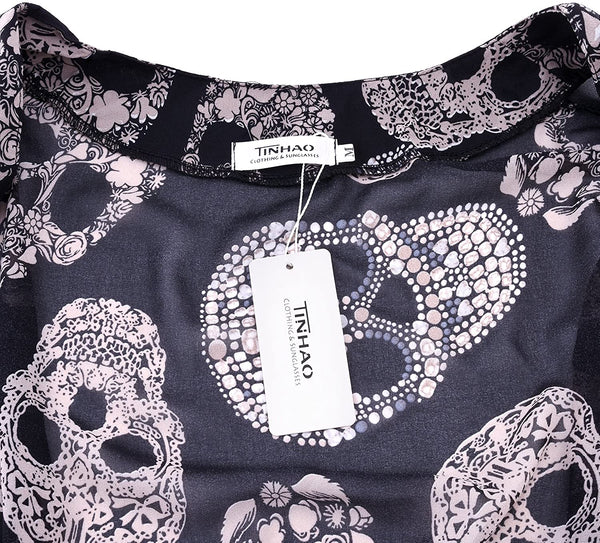 Women Skull Print Sheer Loose Kimono Cardigan Tops Blouse Cover up